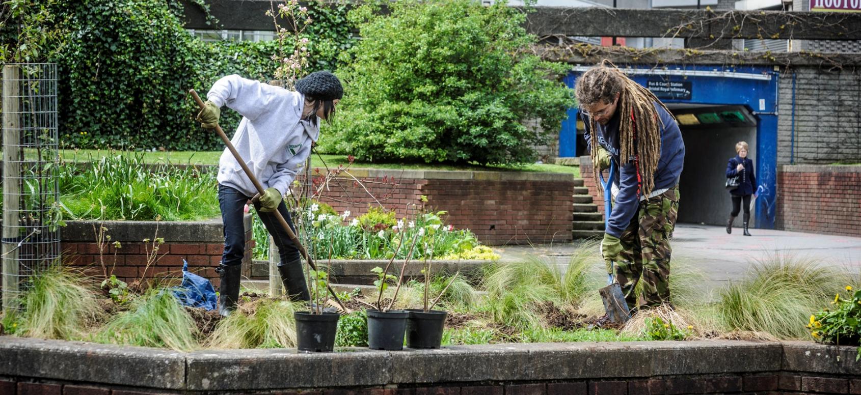 Two people working in a community garden