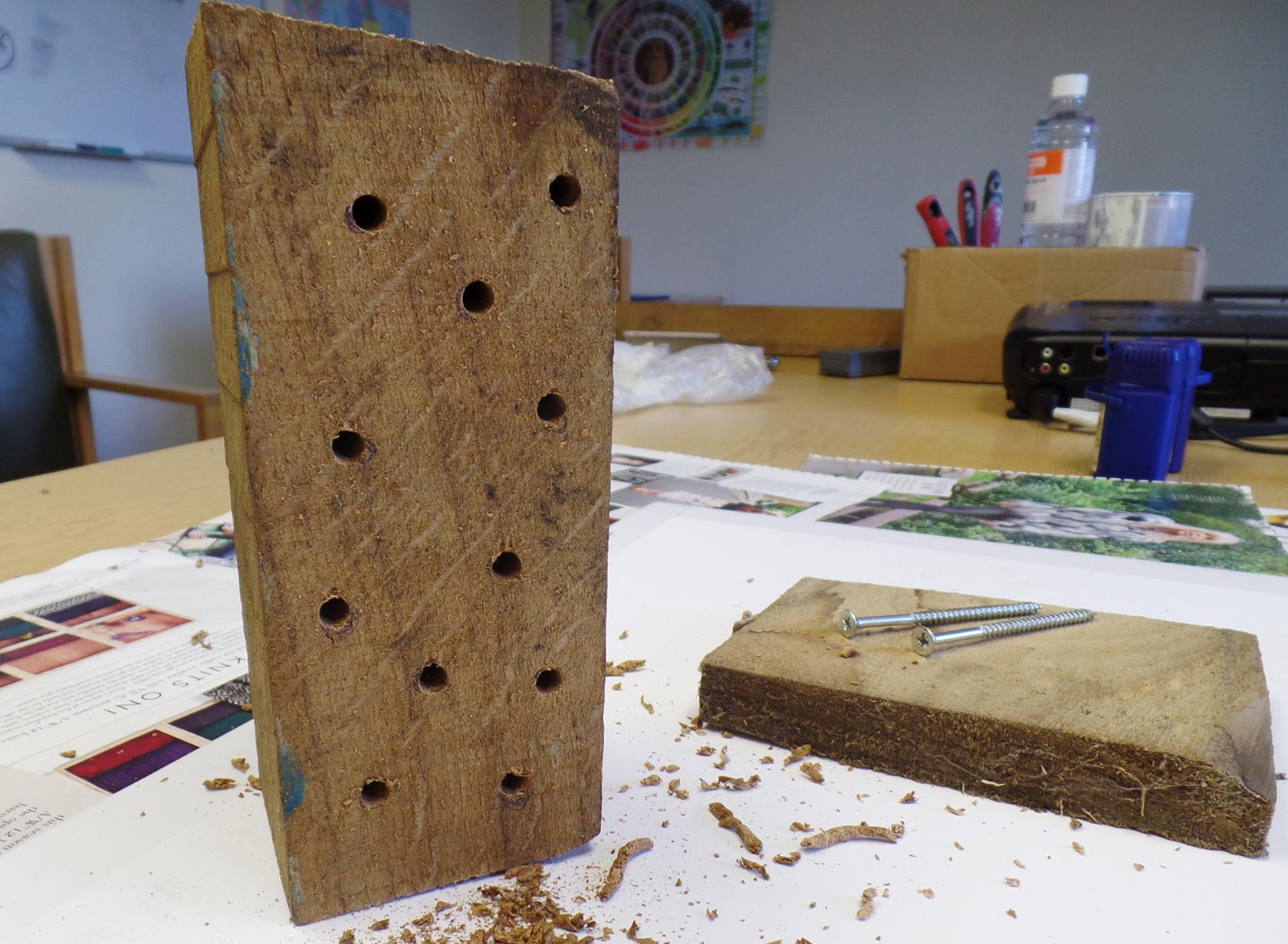 Bee house with drilled holes Bee house with drilled holes